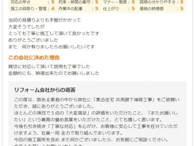 大阪市西成区 Ｔ様 集合住宅 共用廊下補修・塗装工事のお客様の声